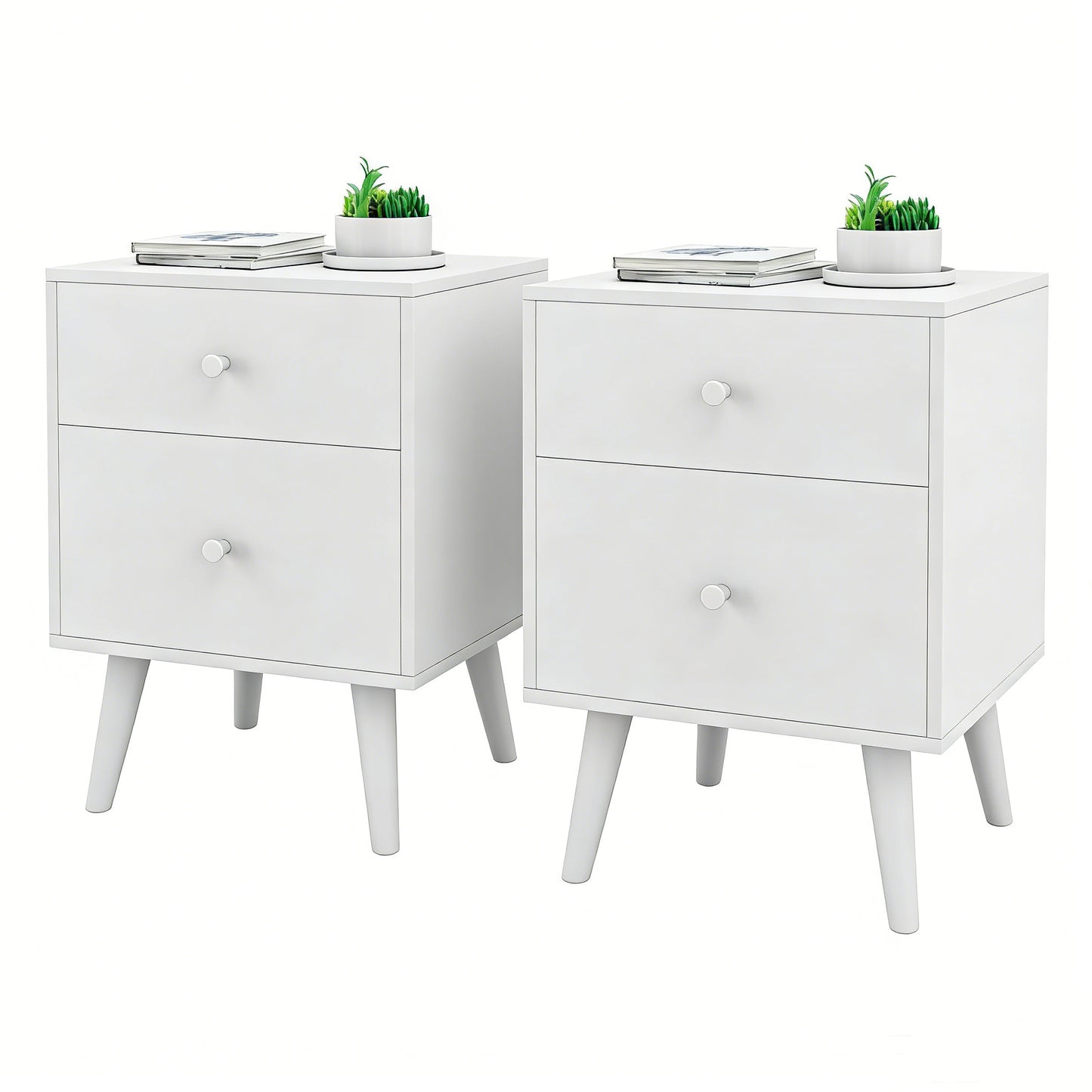 2-Drawer Nightstand Set of 2 with Solid Rubber Wood Legs-White