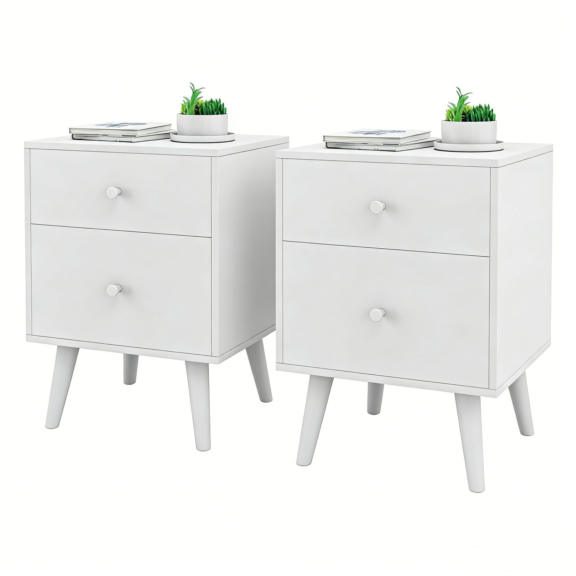2-Drawer Nightstand Set of 2 with Solid Rubber Wood Legs-White