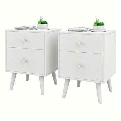 2-Drawer Nightstand Set of 2 with Solid Rubber Wood Legs-White
