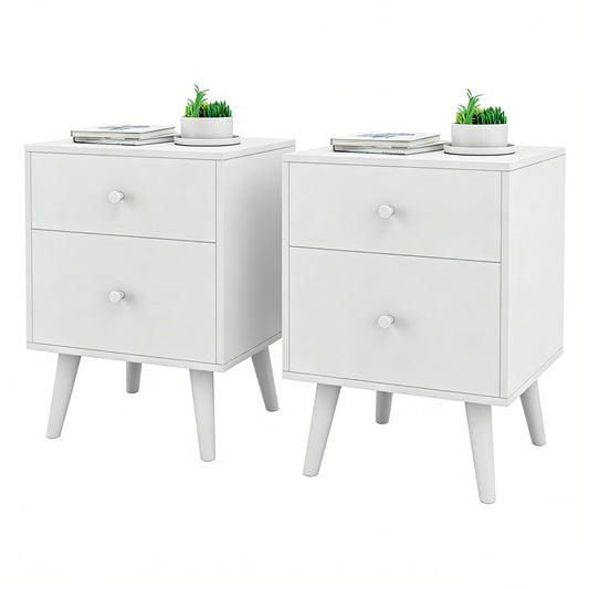 2-Drawer Nightstand Set of 2 with Solid Rubber Wood Legs-White