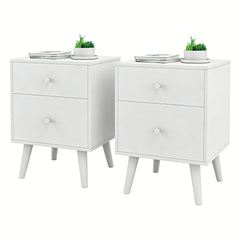 2-Drawer Nightstand Set of 2 with Solid Rubber Wood Legs-White