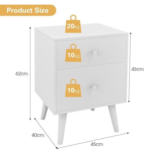 2-Drawer Nightstand Set of 2 with Solid Rubber Wood Legs-White
