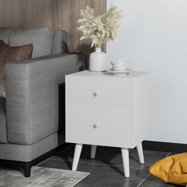 2-Drawer Nightstand Set of 2 with Solid Rubber Wood Legs-White