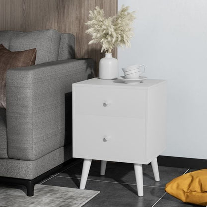 2-Drawer Nightstand Set of 2 with Solid Rubber Wood Legs-White