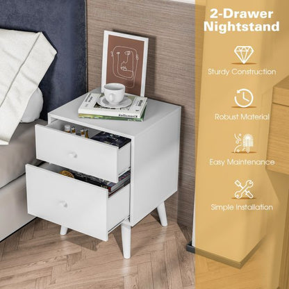 2-Drawer Nightstand Set of 2 with Solid Rubber Wood Legs-White