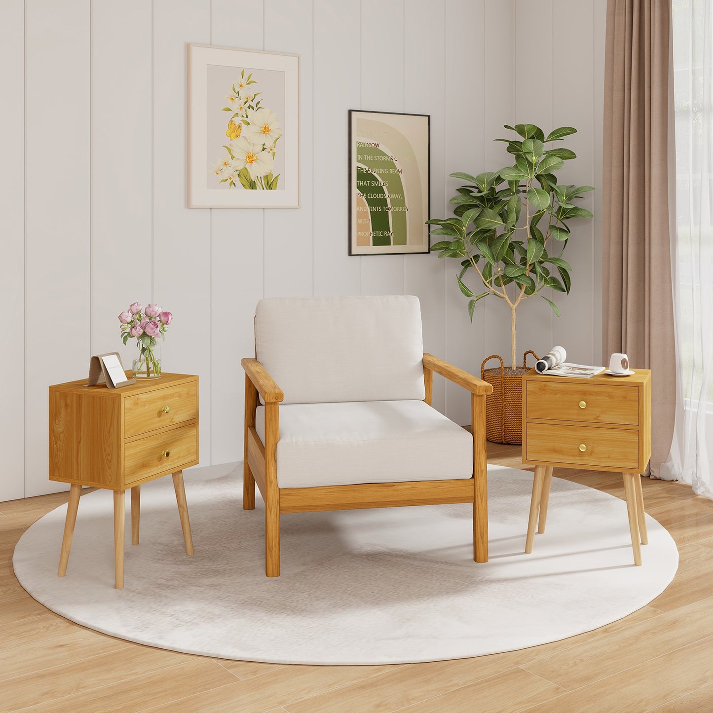 2-Drawer Nightstand Set of 2 with Solid Wood Legs-Natural