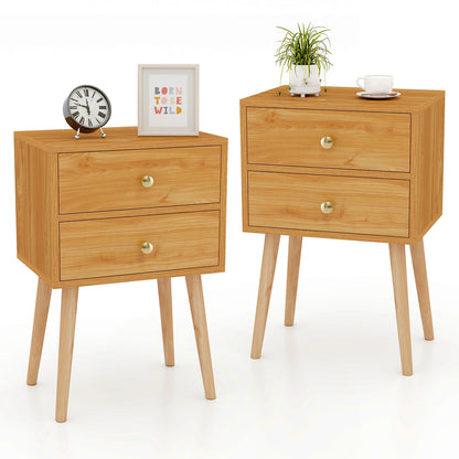 2-Drawer Nightstand Set of 2 with Solid Wood Legs-Natural
