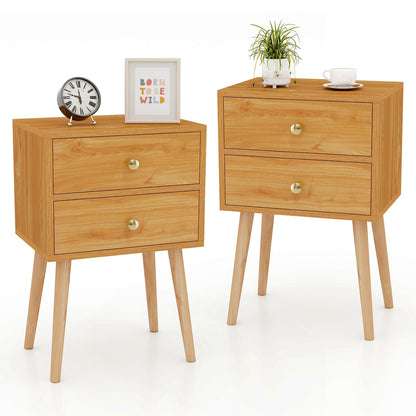 2-Drawer Nightstand Set of 2 with Solid Wood Legs-Natural