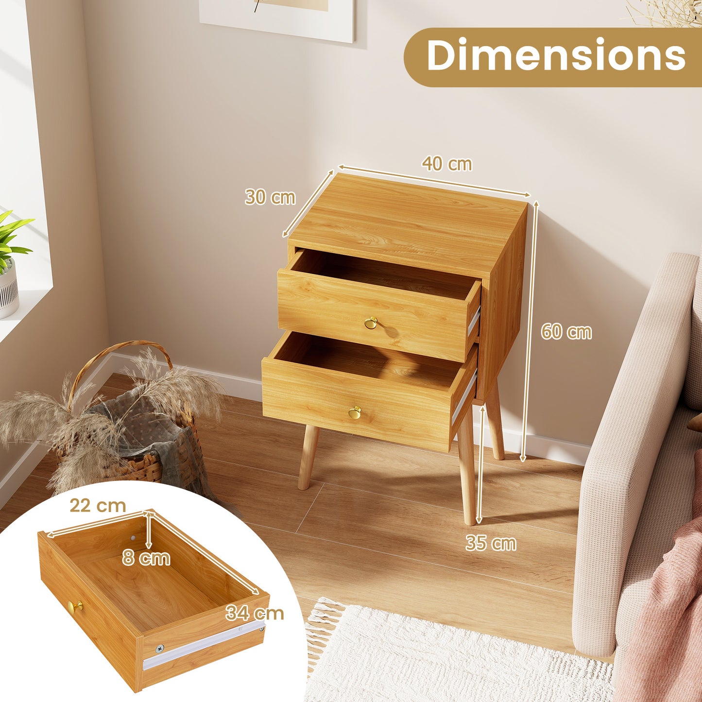 2-Drawer Nightstand Set of 2 with Solid Wood Legs-Natural