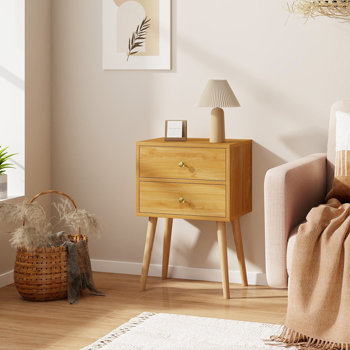 2-Drawer Nightstand Set of 2 with Solid Wood Legs-Natural