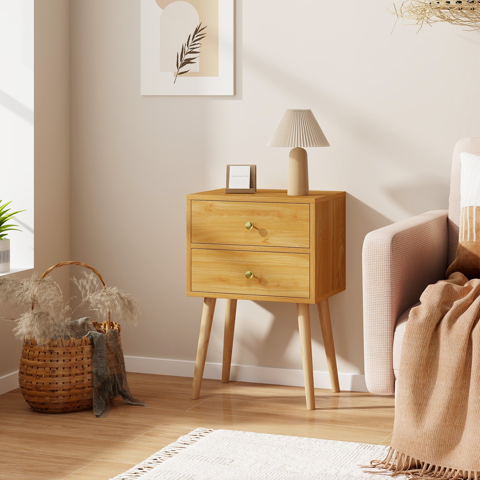 2-Drawer Nightstand Set of 2 with Solid Wood Legs-Natural
