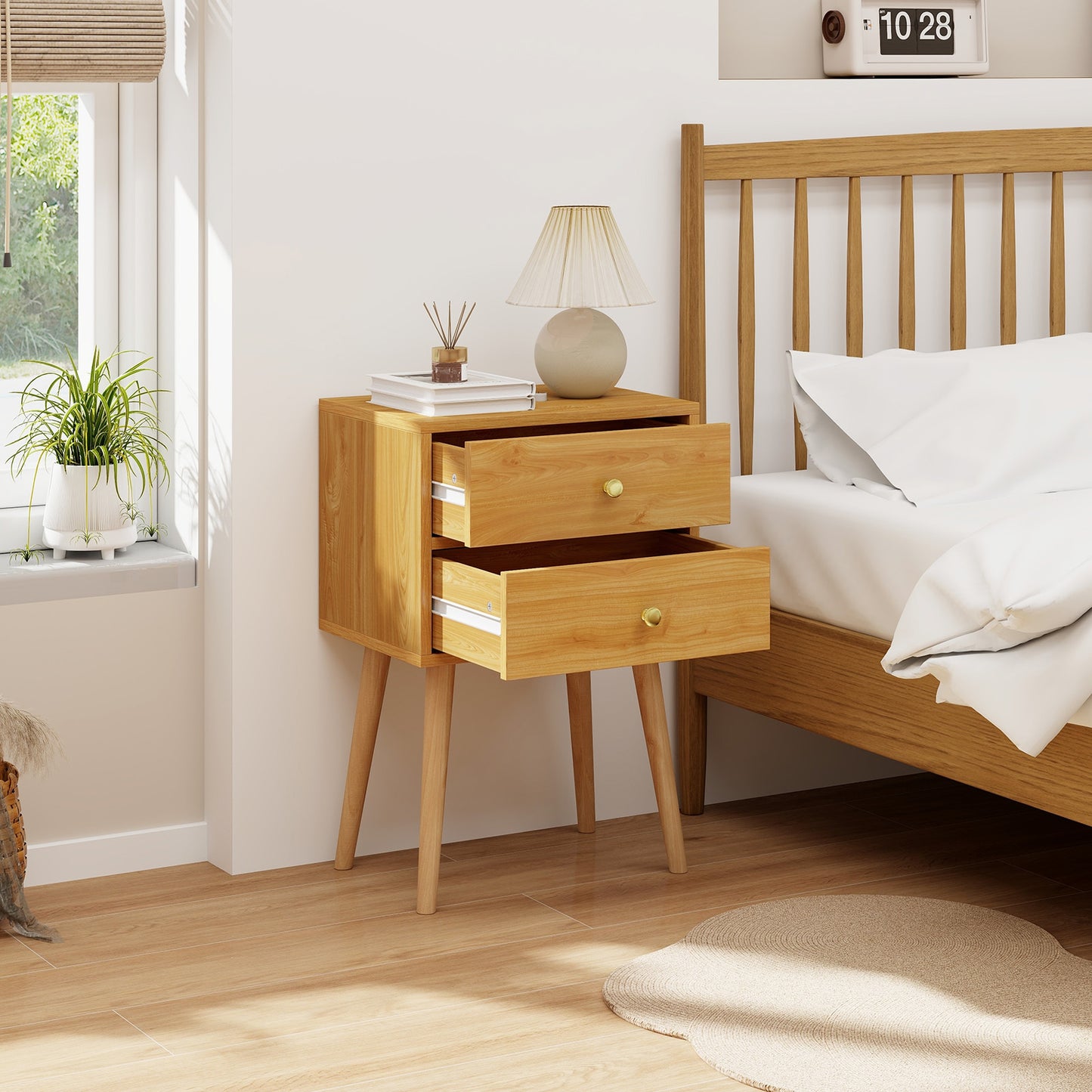 2-Drawer Nightstand Set of 2 with Solid Wood Legs-Natural