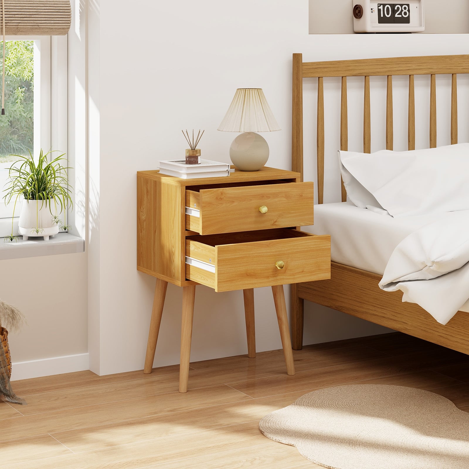 2-Drawer Nightstand Set of 2 with Solid Wood Legs-Natural