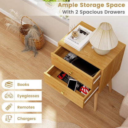 2-Drawer Nightstand Set of 2 with Solid Wood Legs-Natural