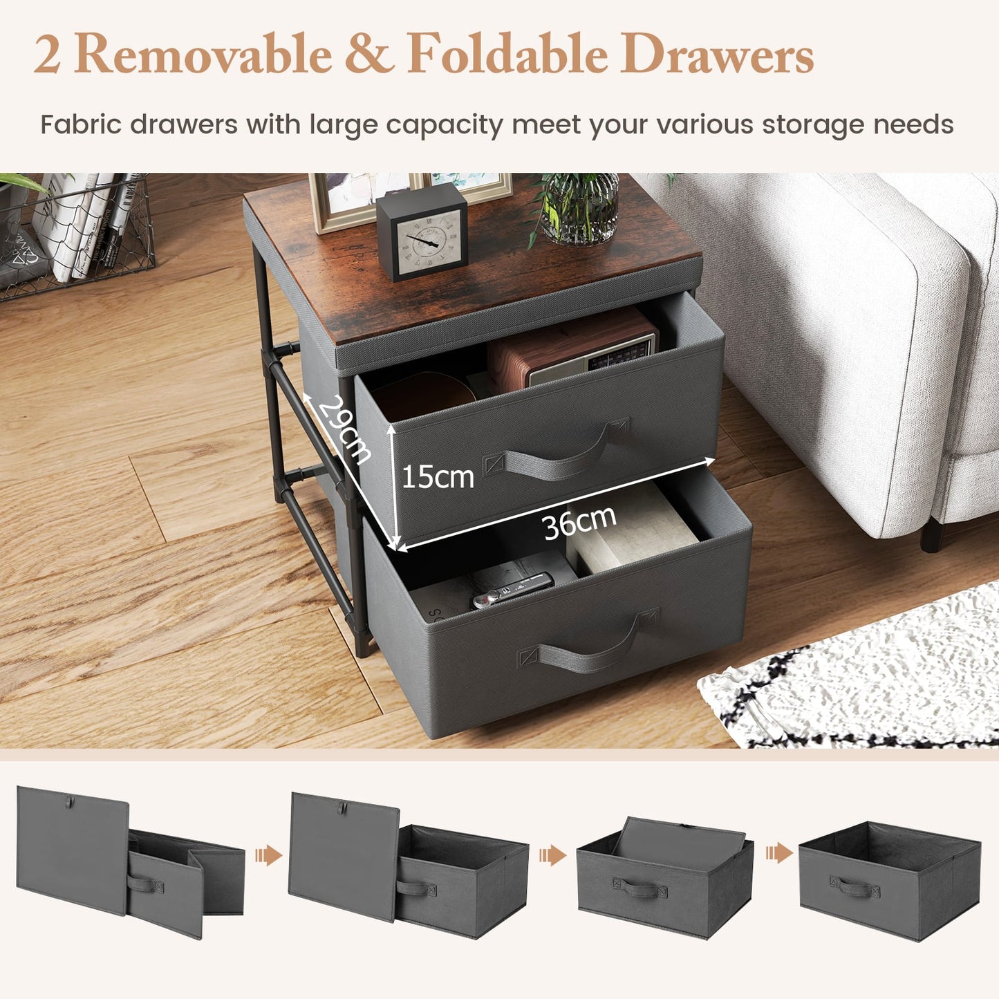 2-Drawer Nightstand Bedside Table with Removable Lid for Bedroom, Living Room-Grey