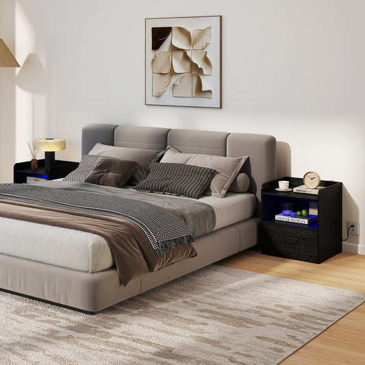 Modern Nightstand with Drawer & Open Shelf and Colorful Light Strip for Bedroom-Black