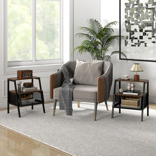 Industrial Nightstand Set of 2 with 2 Open Shelves & Mesh Compartment for Small Spaces-Rustic Brown