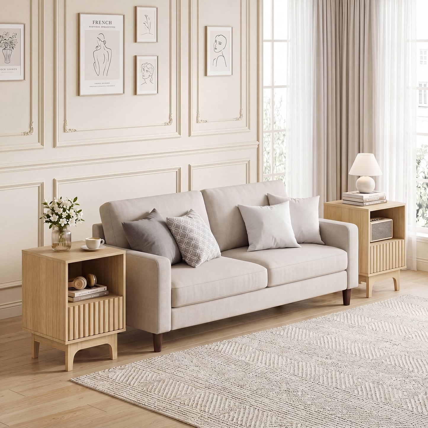 Brooklyn Fluted Modern Nightstand Set of 2 with Compartment-Natural