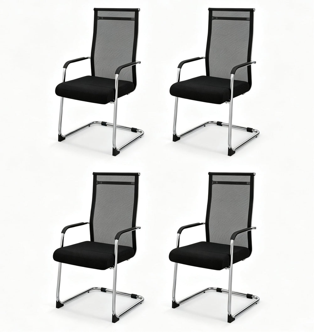 Set of 4 Office Guest Chairs with Metal Sled Base and Armrests-Black