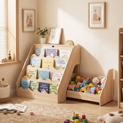 2-In-1 Kids' Bookshelf and Toy Storage Organizer with Rolling Drawer Cart and 4 Tier Book Shelf-Natrual