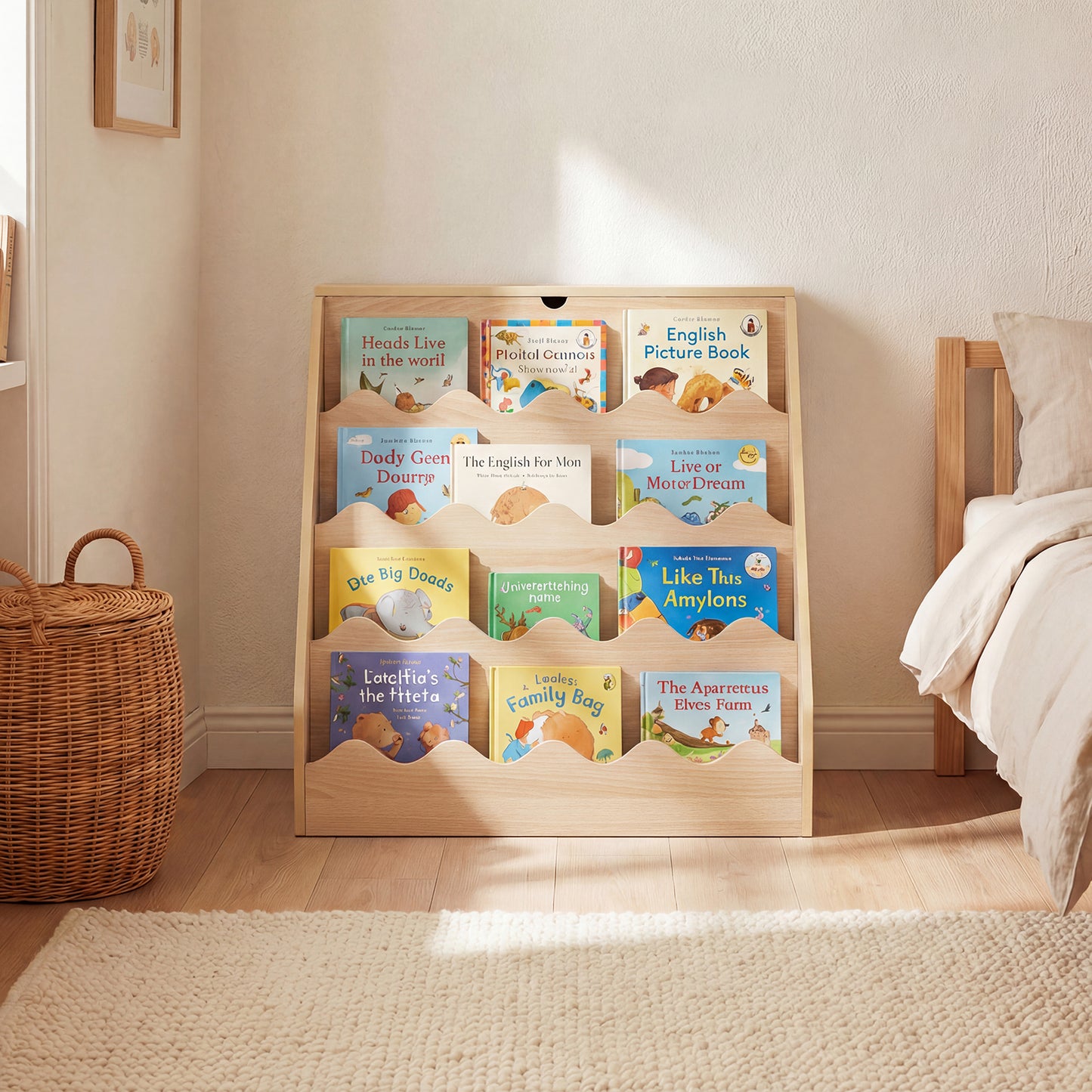 2-In-1 Kids' Bookshelf and Toy Storage Organizer with Rolling Drawer Cart and 4 Tier Book Shelf-Natrual