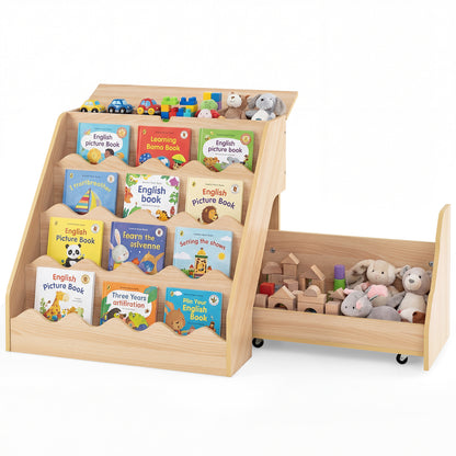 2-In-1 Kids' Bookshelf and Toy Storage Organizer with Rolling Drawer Cart and 4 Tier Book Shelf-Natrual