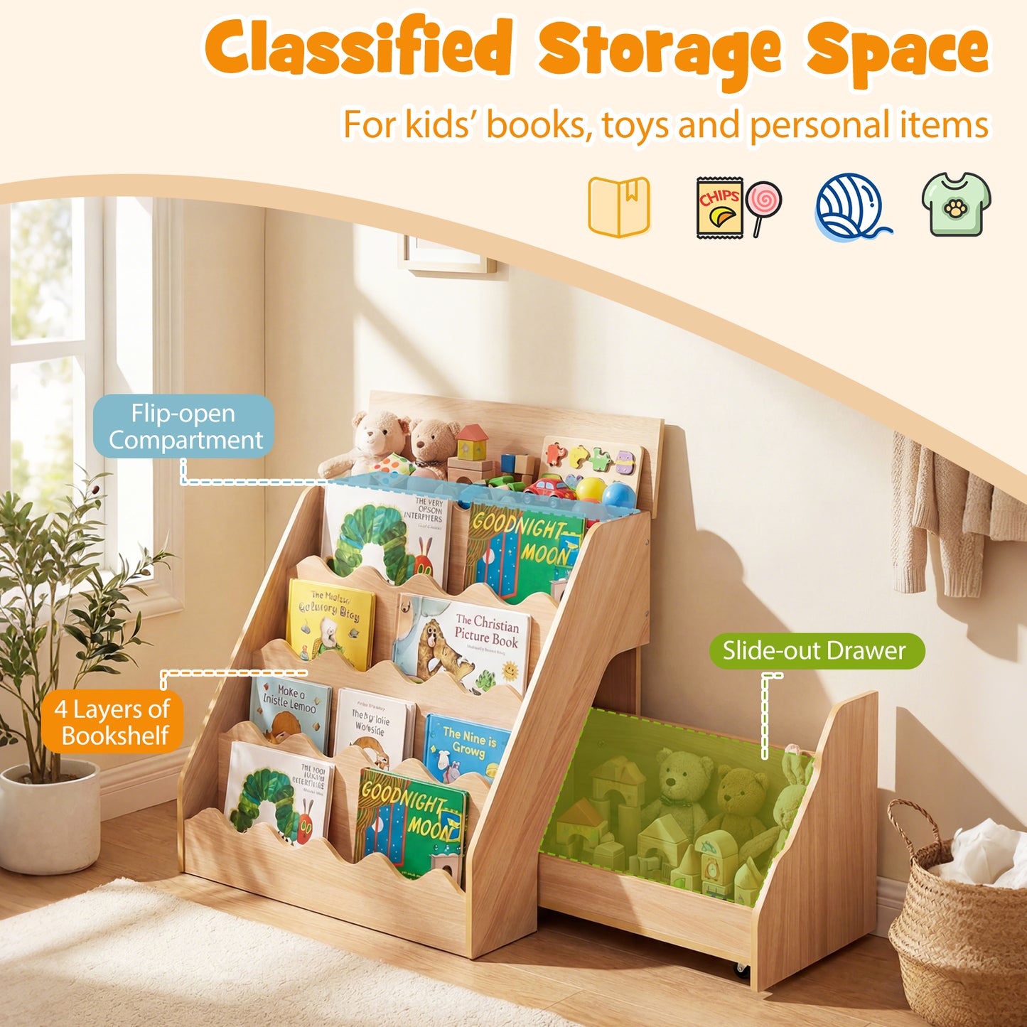 2-In-1 Kids' Bookshelf and Toy Storage Organizer with Rolling Drawer Cart and 4 Tier Book Shelf-Natrual