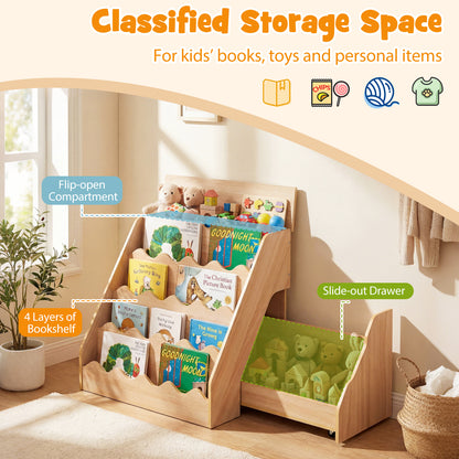 2-In-1 Kids' Bookshelf and Toy Storage Organizer with Rolling Drawer Cart and 4 Tier Book Shelf-Natrual