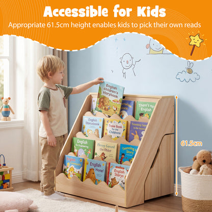 2-In-1 Kids' Bookshelf and Toy Storage Organizer with Rolling Drawer Cart and 4 Tier Book Shelf-Natrual