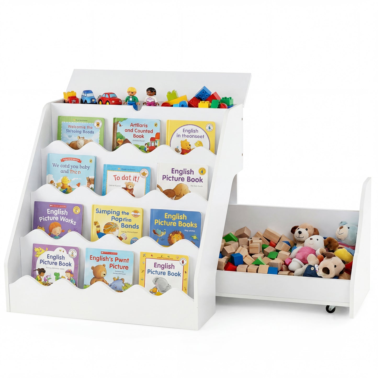 2-In-1 Kids' Bookshelf and Toy Storage Organizer with Rolling Drawer Cart and 4 Tier Book Shelf-White