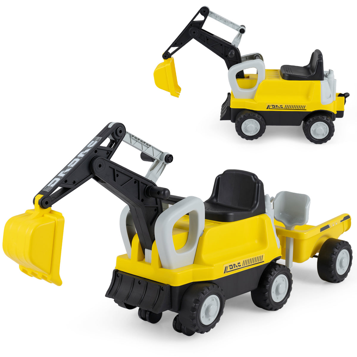 2-In-1 Ride on Push Car with Detachable Trailer and Rake Shovel for Ages 1.5-3-Yellow