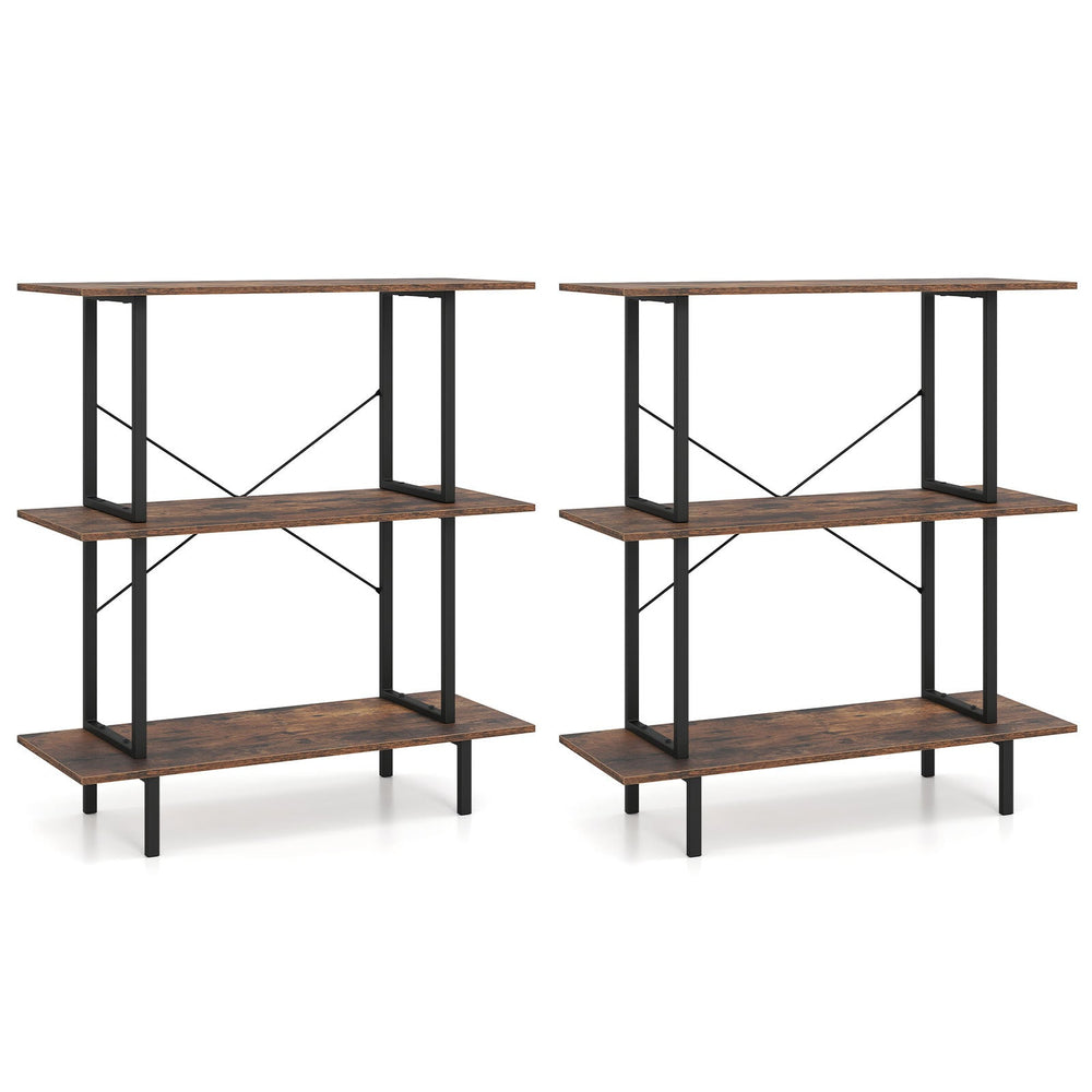 2-Pack 3-Tier Industrial Bookshelf with Open Shelves for Living Room Study-Rustic Brown