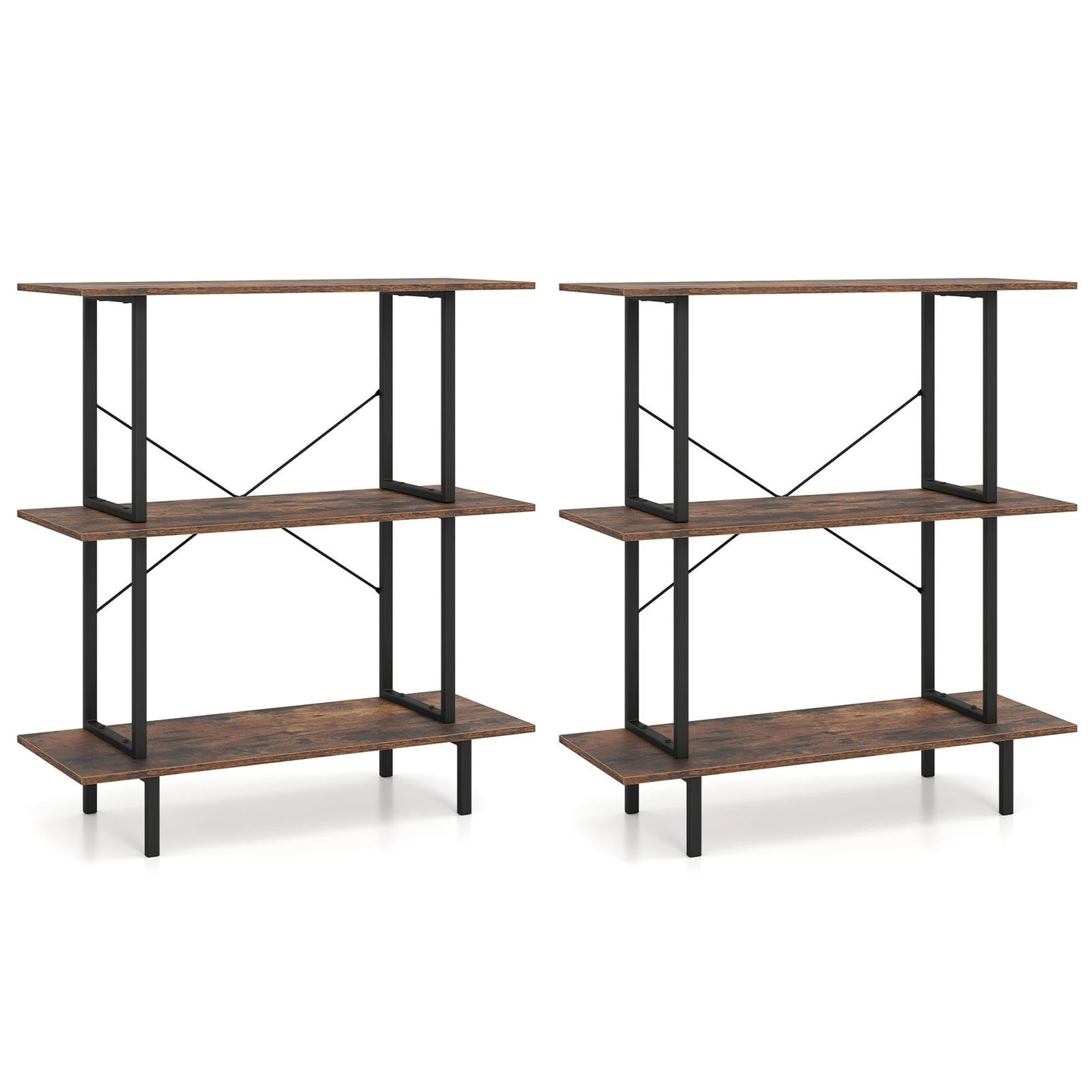 2-Pack 3-Tier Industrial Bookshelf with Open Shelves for Living Room Study-Rustic Brown