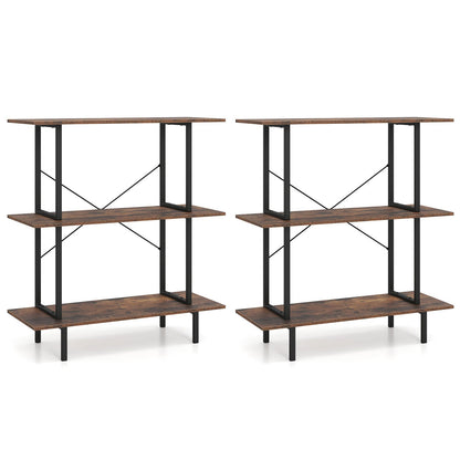 2-Pack 3-Tier Industrial Bookshelf with Open Shelves for Living Room Study-Rustic Brown