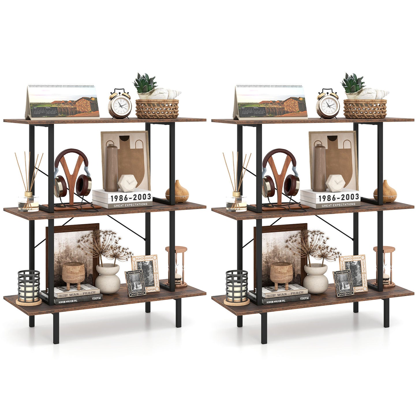 2-Pack 3-Tier Industrial Bookshelf with Open Shelves for Living Room Study-Rustic Brown