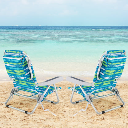 Folding Lay Flat Beach Chair Set of 2 with 5-Position Backrest-Blue & Green