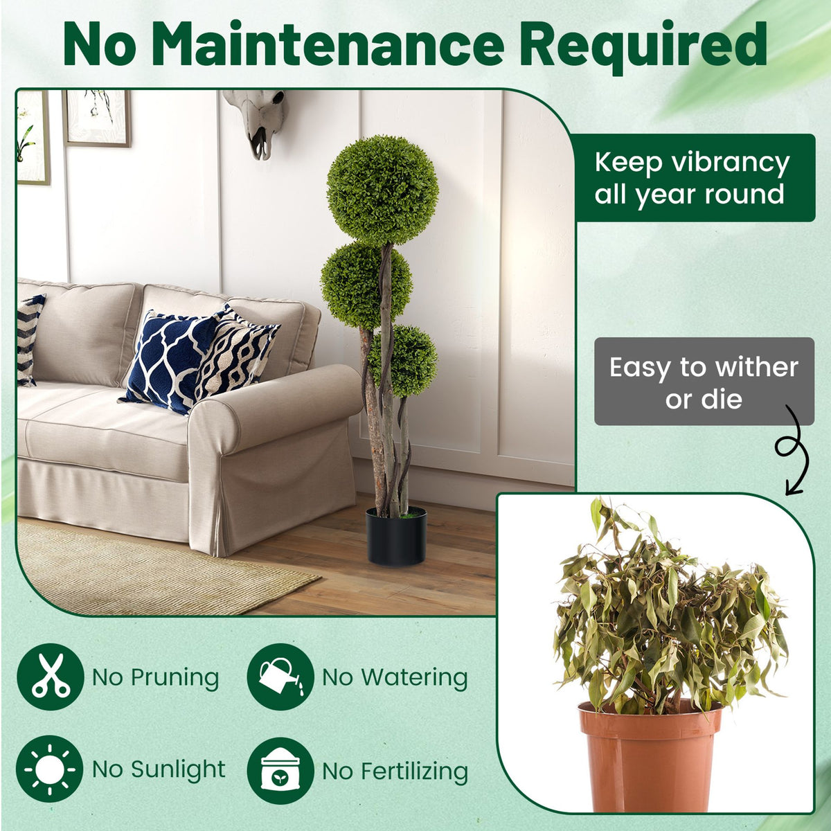 2 Pack 120 CM Artificial Boxwood Topiary Ball Tree with Triple Ball for Home Office