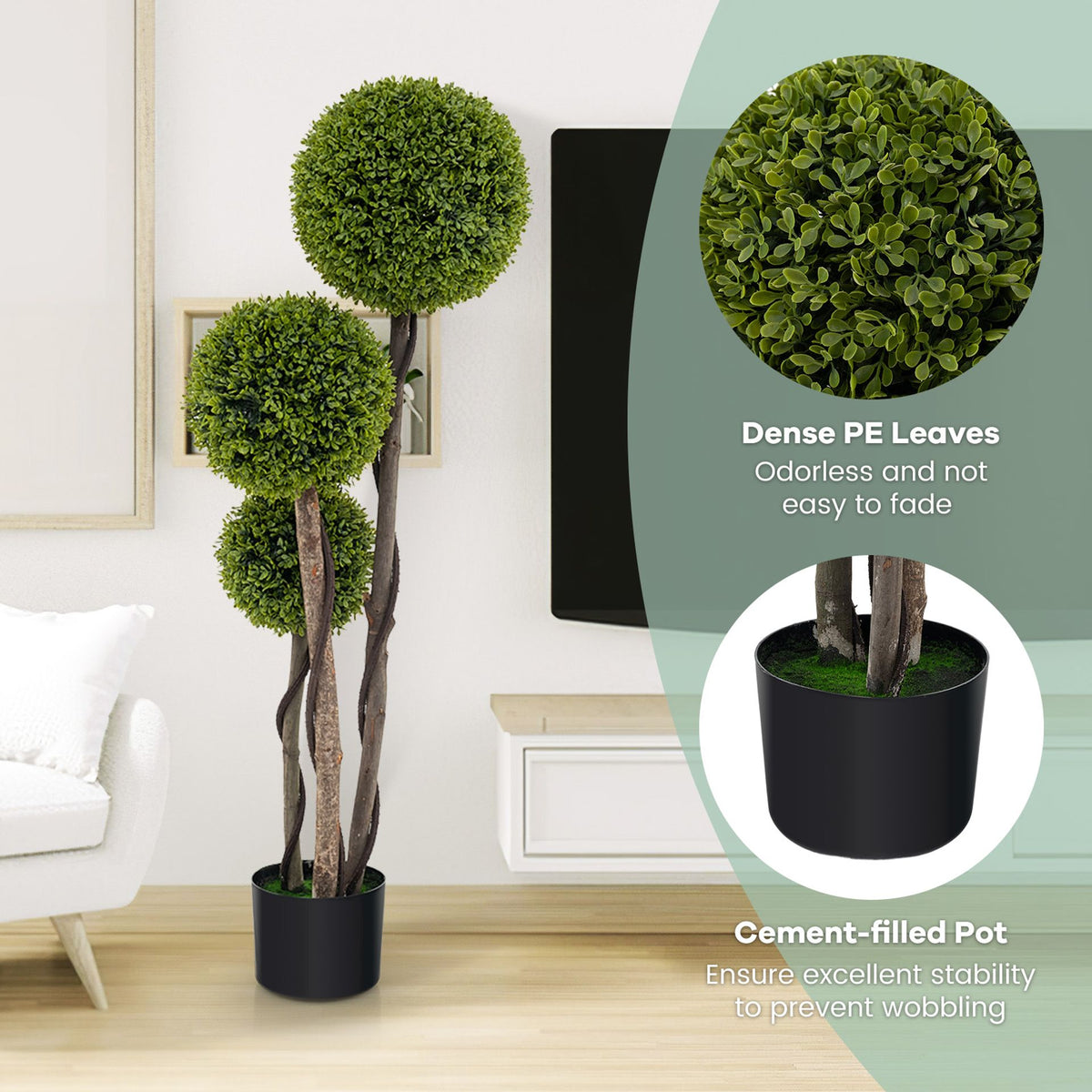 2 Pack 120 CM Artificial Boxwood Topiary Ball Tree with Triple Ball for Home Office