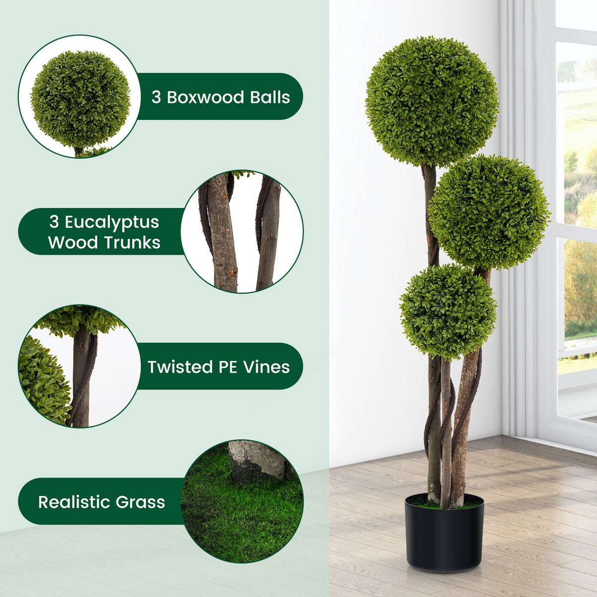 2 Pack 120 CM Artificial Boxwood Topiary Ball Tree with Triple Ball for Home Office