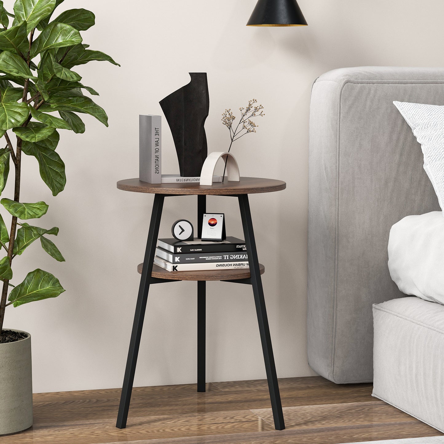 2 Pack 2-Tier Wooden Round Side Table with Storage Shelf-Brown