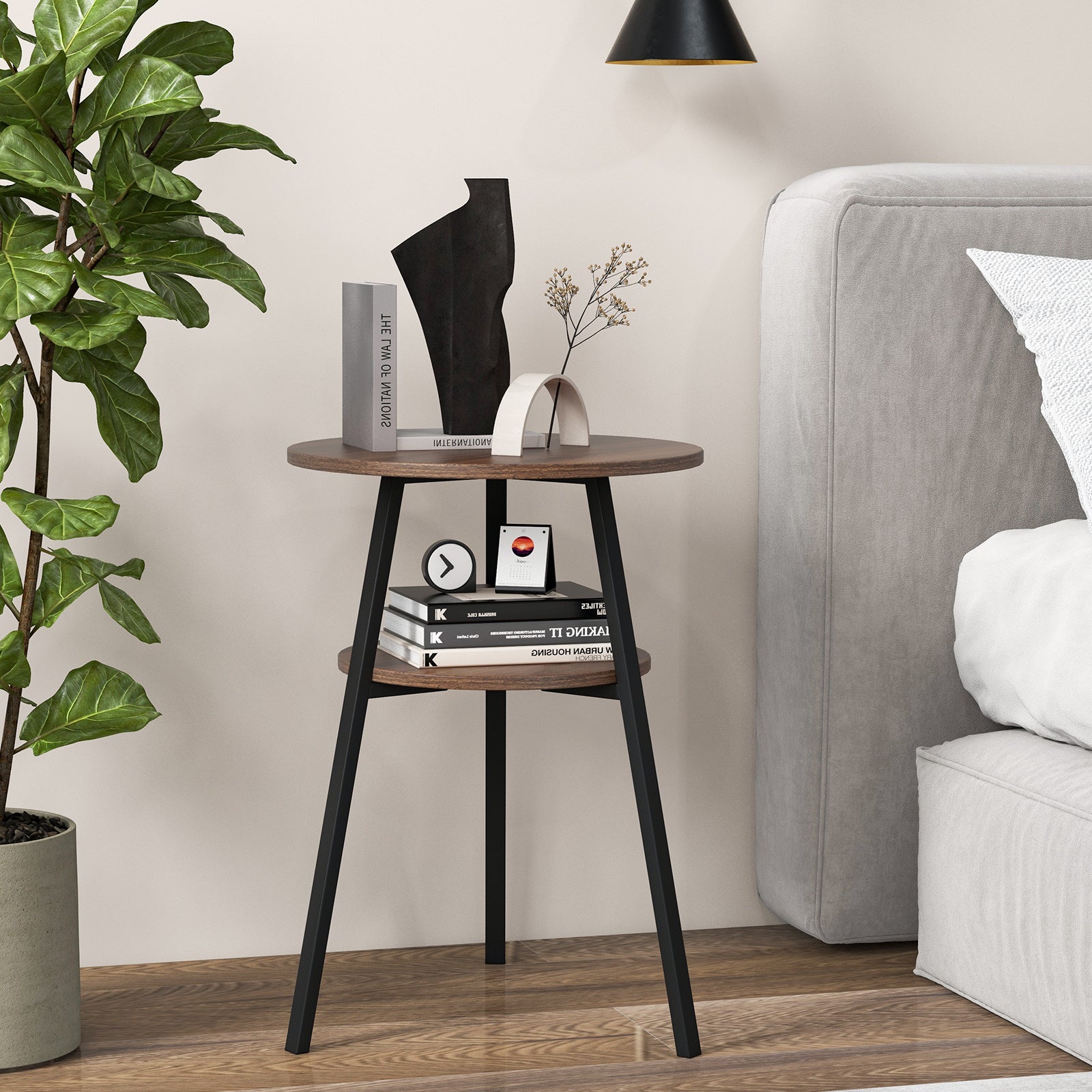 2 Pack 2-Tier Wooden Round Side Table with Storage Shelf-Brown