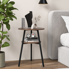 2 Pack 2-Tier Wooden Round Side Table with Storage Shelf-Brown