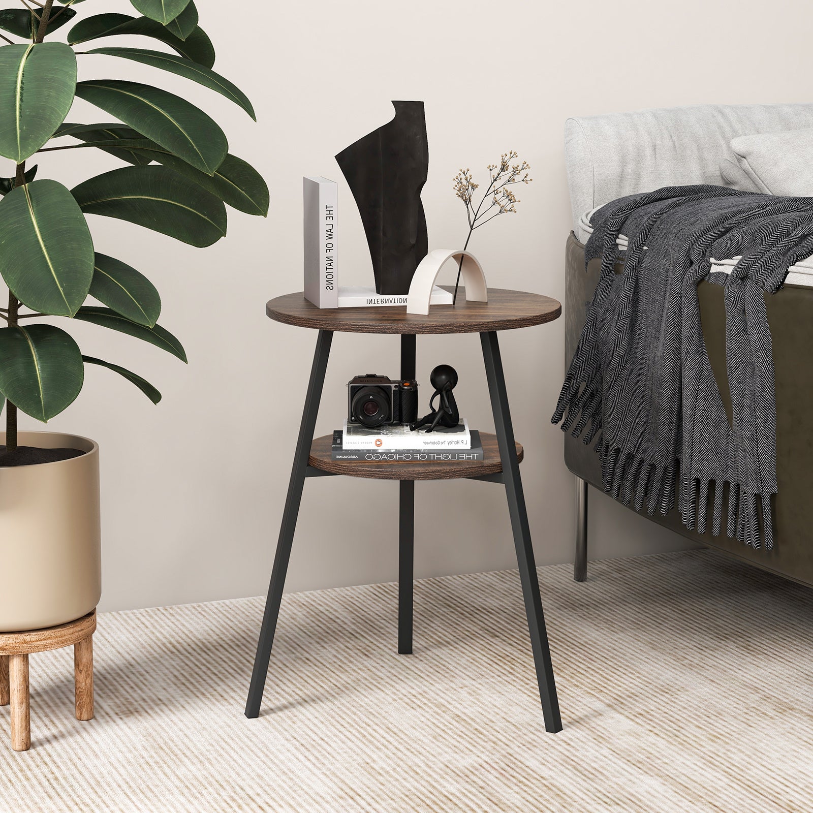 2 Pack 2-Tier Wooden Round Side Table with Storage Shelf-Brown