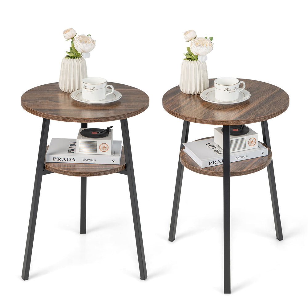 2 Pack 2-Tier Wooden Round Side Table with Storage Shelf-Brown