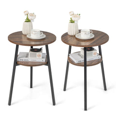 2 Pack 2-Tier Wooden Round Side Table with Storage Shelf-Brown