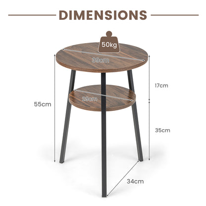 2 Pack 2-Tier Wooden Round Side Table with Storage Shelf-Brown