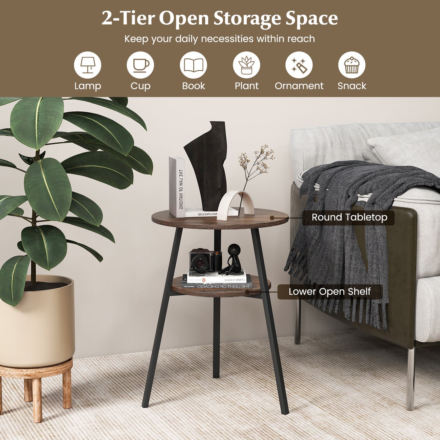 2 Pack 2-Tier Wooden Round Side Table with Storage Shelf-Brown