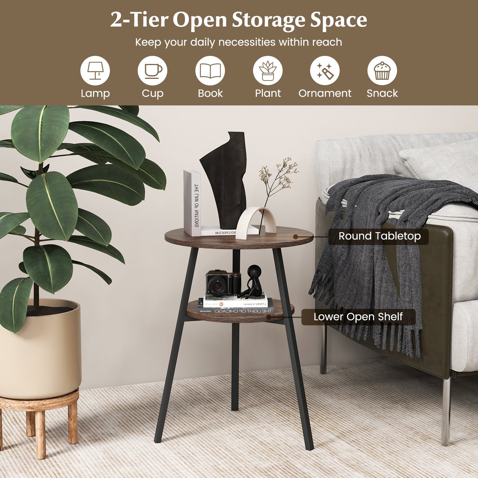 2 Pack 2-Tier Wooden Round Side Table with Storage Shelf-Brown