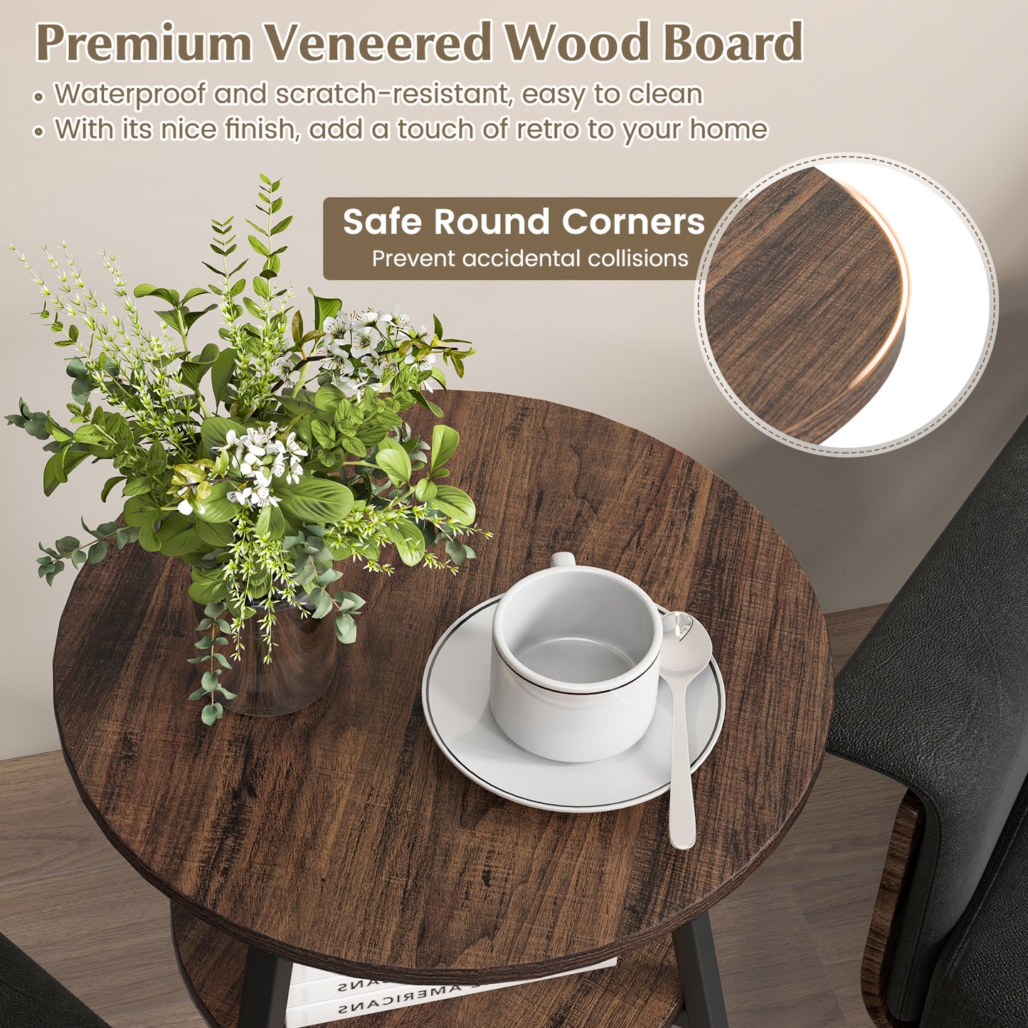 2 Pack 2-Tier Wooden Round Side Table with Storage Shelf-Brown