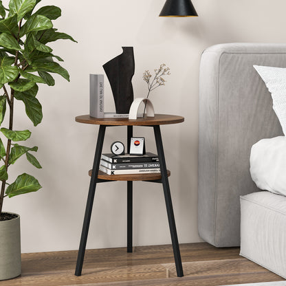 2 Pack 2-Tier Wooden Round Side Table with Storage Shelf-Walnut